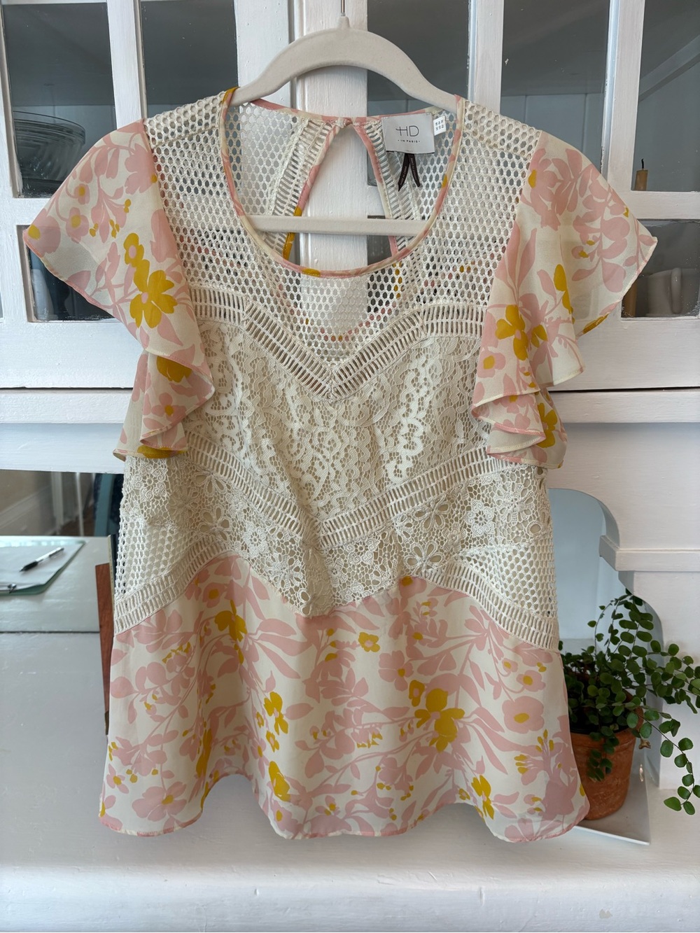 Anthropologie HD in Paris Pink, Yellow & Cream Crochet Detail Top